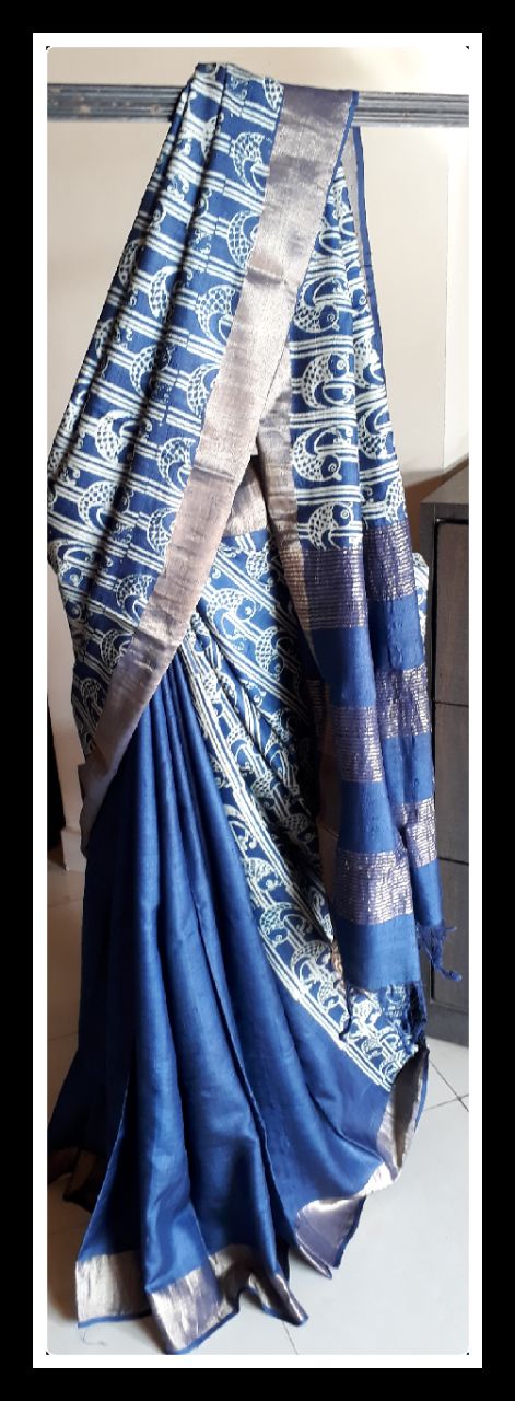 Blue Block Printed  Zari Border Pure Silk Mark Certified Tussar Silk Sarees - Dailybuyys