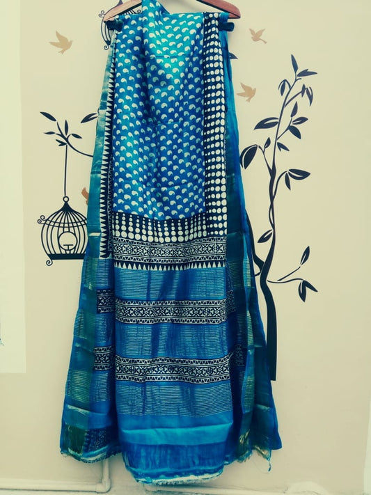 Blue Block Printed Zari Border Pure Silk Mark Certified Tussar Silk Sarees - Dailybuyys