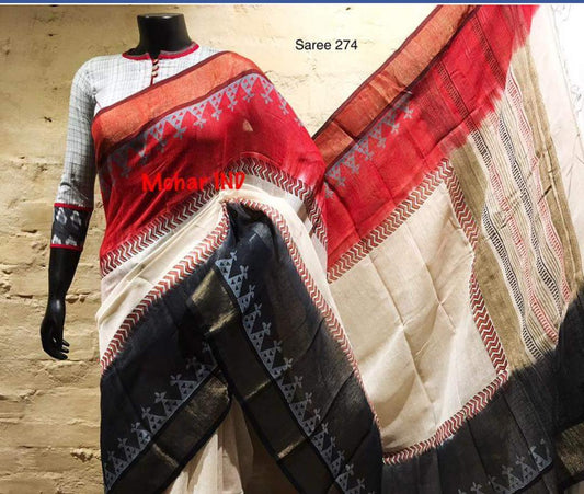 Red Black  Zari Glamour Block Printed  Zari Border Pure Silk Mark Certified Tussar Silk Sarees - Dailybuyys