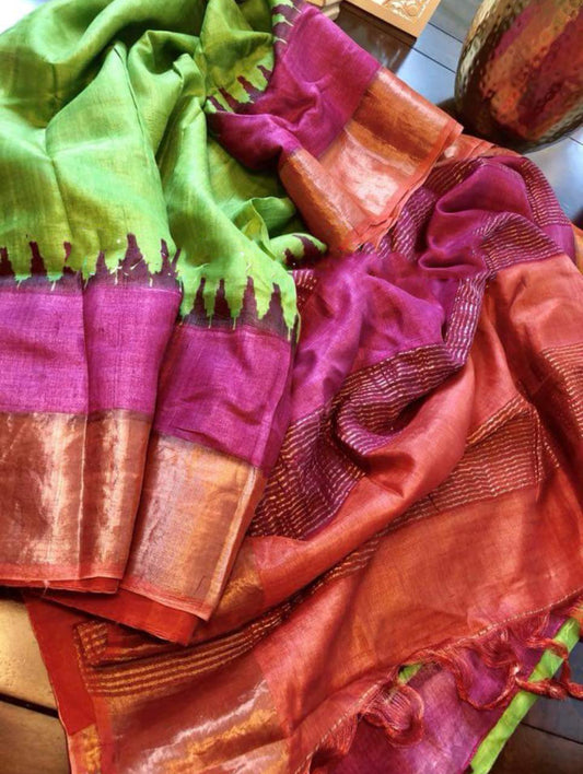 Pink Orange  Zari Glamour  Block Printed Zari Border Pure Silk Mark Certified Tussar Silk Sarees - Dailybuyys