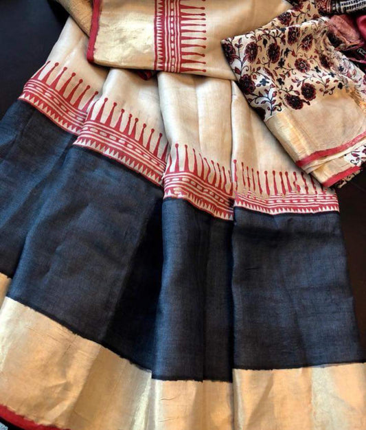 Blue Beige  Block Printed Zari Border Pure Silk Mark Certified Tussar Silk Sarees - Dailybuyys