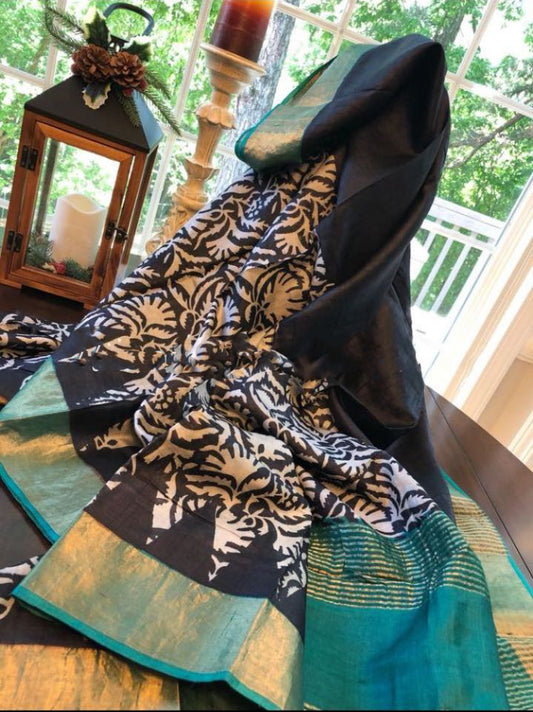 Black Blue  Block Printed Zari Border Pure Silk Mark Certified Tussar Silk Sarees - Dailybuyys