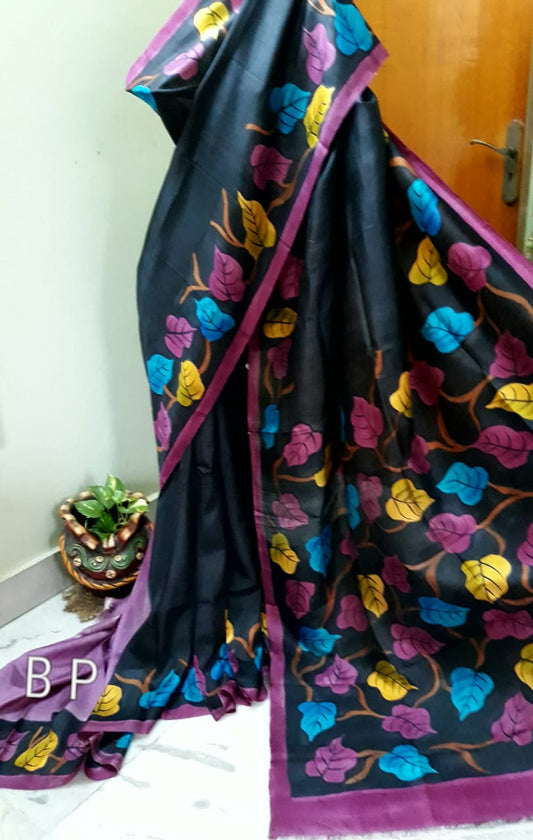 Black Pure KK Hand Painted Silk Mark Certified Bishnupuri Silk Sarees - Dailybuyys