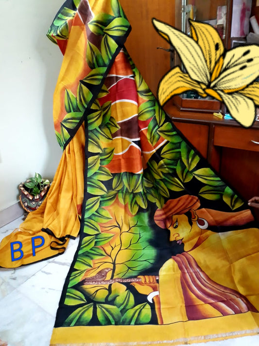 Yellow Pure KK Hand Painted Silk Mark Certified Bishnupuri Silk Sarees - Dailybuyys