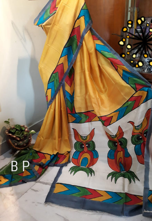 Yellow Pure KK Hand Painted Silk Mark Certified Bishnupuri Silk Sarees - Dailybuyys