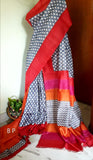 Red Grey Pure KK Block Printed Silk Mark Certified Bishnupuri Silk Sarees