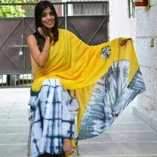 Yellow Beige Mulmul Batik Sarees - Dailybuyys