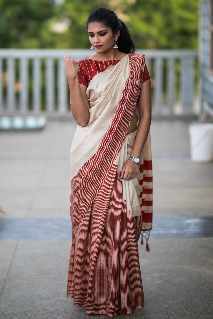 Red Beige Pure Cotton Silk Sarees - Dailybuyys
