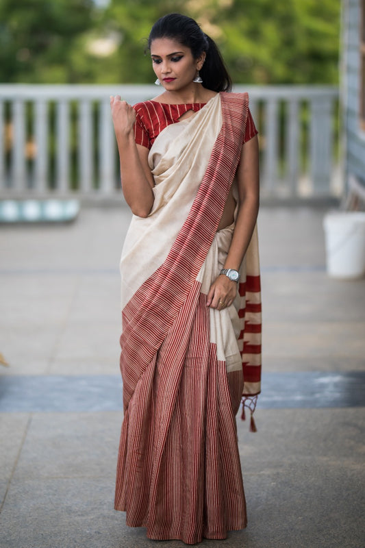 Red Beige Pure Cotton Silk Sarees - Dailybuyys
