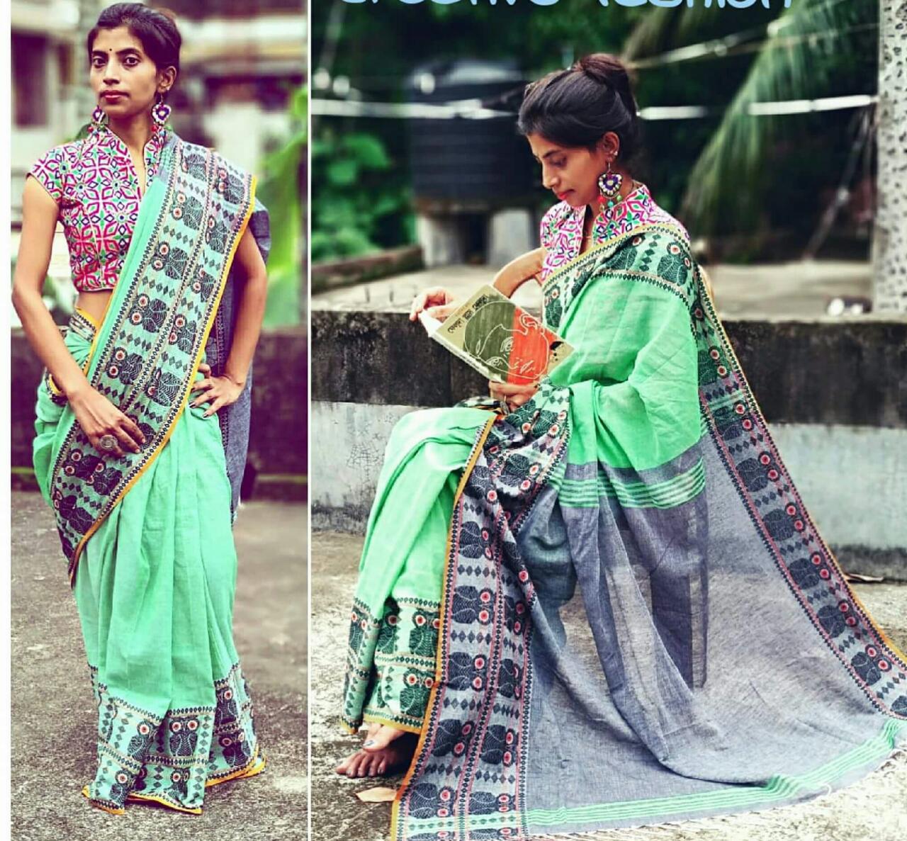 Green Grey S.G Pure Cotton Handloom Sarees