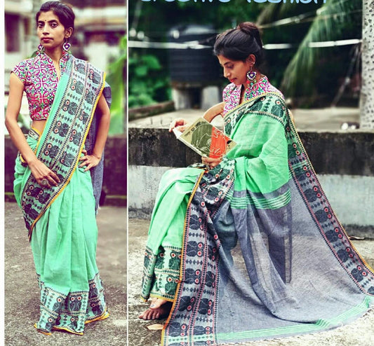 Green Grey S.G Pure Cotton Handloom Sarees - Dailybuyys