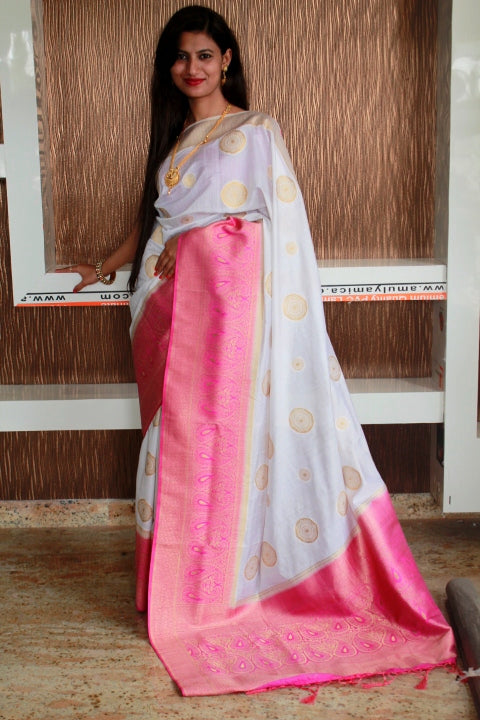 Off White Pink Soft Kanjivaram Silk Saree Contrast Border Kanjivaram| TST |  The Silk Trend