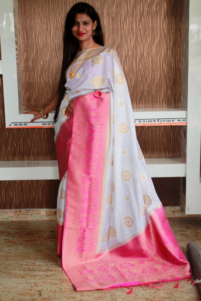 White & Yellow Floral Zari Woven Banarasi Silk Saree with Embroidered –  Ethnos