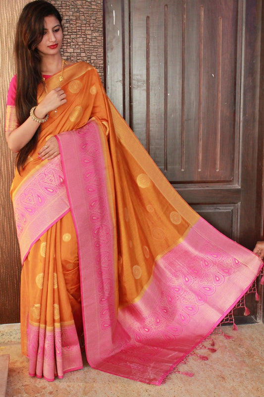 Orange Pink Banarasi Silk Sarees - Dailybuyys