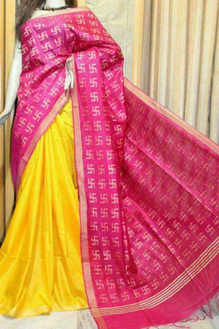 Pink Yellow Bhagalpuri Silk Sarees Get Extra 10% Discount on All Prepaid Transaction
