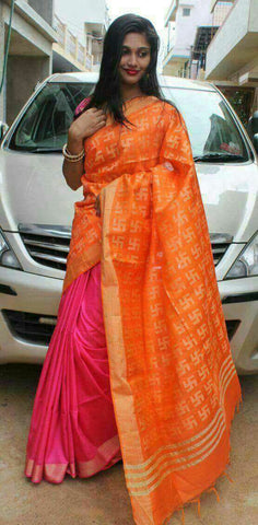 Orange Pink Bhagalpuri Silk Sarees Get Extra 10% Discount on All Prepaid Transaction