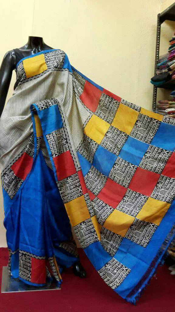 Beige Blue Pure KK Block Printed Silk Mark Certified Bishnupuri Silk Sarees