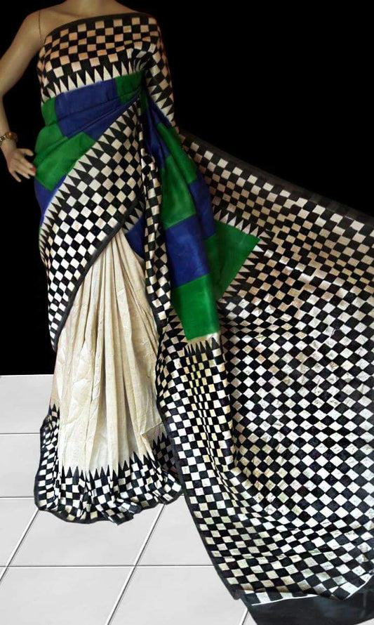 White Black Block Printed Pure KK Silk Mark Certified Bishnupuri Silk Sarees - Dailybuyys
