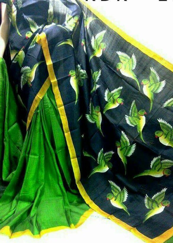 Green Black Hand Painted Pure KK Silk Mark Certified Bishnupuri Silk Sarees