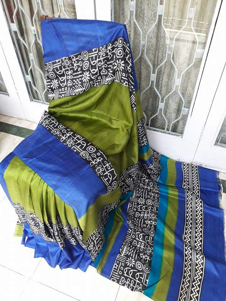 Blue Green Block Printed Pure KK Silk Mark Certified Bishnupuri Silk Sarees