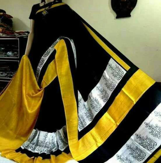 Black Yellow Block Printed Pure KK Silk Mark Certified Bishnupuri Silk Sarees - Dailybuyys