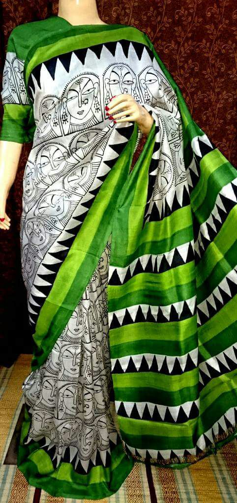 Green Beige Block Printed Pure KK Silk Mark Certified Bishnupuri Silk Sarees - Dailybuyys