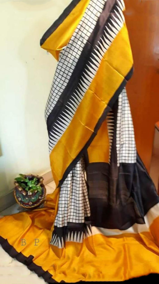 Yellow Block Printed Pure Silk Mark Certified Bishnupuri Silk Sarees - Dailybuyys