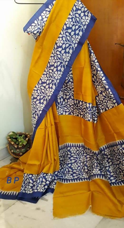 Yellow Block Printed Pure KK Silk Mark Certified Bishnupuri Silk Sarees - Dailybuyys