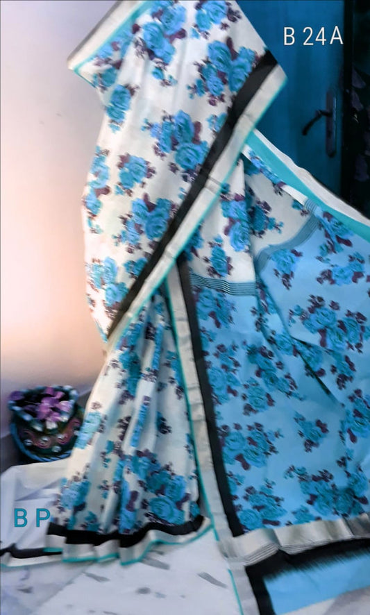 Blue White KK Kerala Pure Cotton Sarees - Dailybuyys