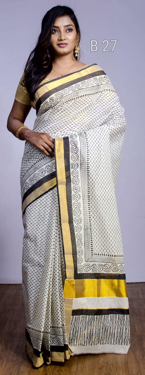 White KK Kerala Pure Cotton Sarees - Dailybuyys