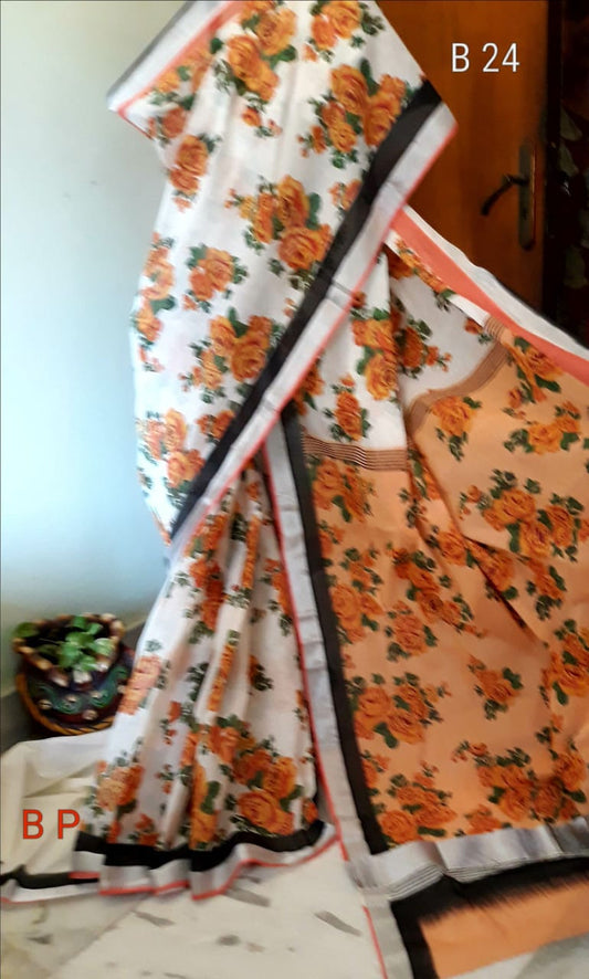 Orange White KK Kerala Pure Cotton Sarees - Dailybuyys