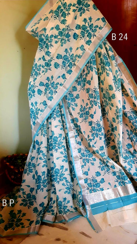 Blue White KK Kerala Pure Cotton Sarees - Dailybuyys