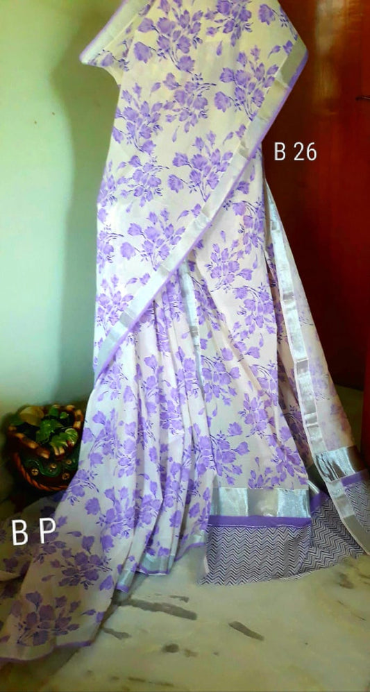 Violet White KK Kerala Pure Cotton Sarees - Dailybuyys