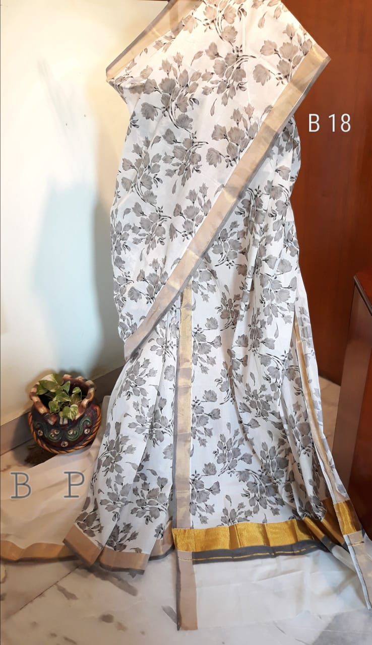 Grey White KK Kerala Pure Cotton Sarees - Dailybuyys
