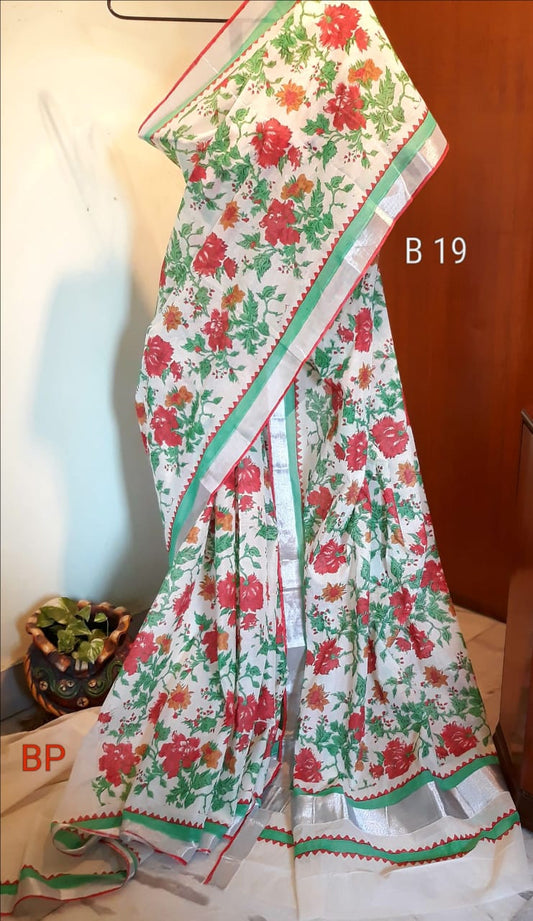 White KK Kerala Pure Cotton Sarees - Dailybuyys