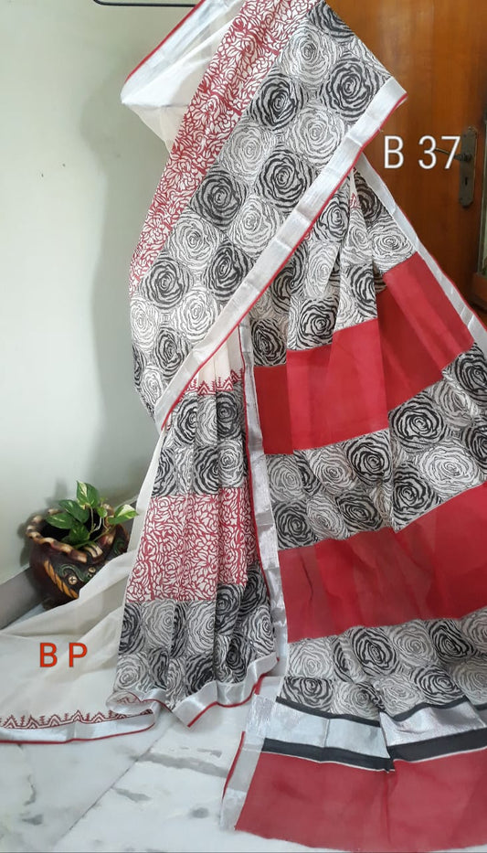 Grey Red KK Kerala Pure Cotton Sarees - Dailybuyys