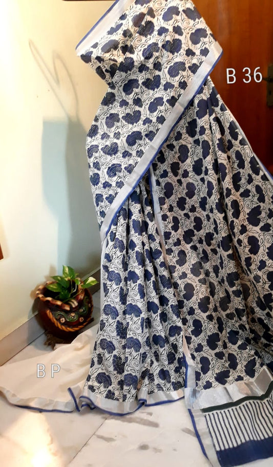 Blue White KK Kerala Pure Cotton Sarees - Dailybuyys