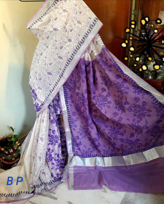 White Violet KK Kerala Pure Cotton Sarees - Dailybuyys