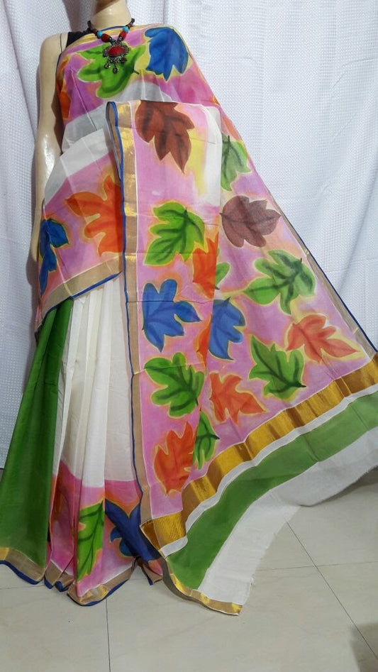 Beige Kerala Pure Cotton Sarees - Dailybuyys