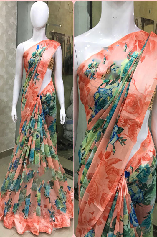 Pink Beige Pure Linen Sarees - Dailybuyys