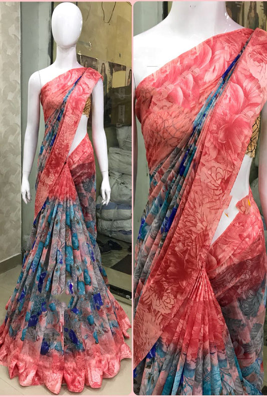 Red Blue Pure Linen Sarees - Dailybuyys