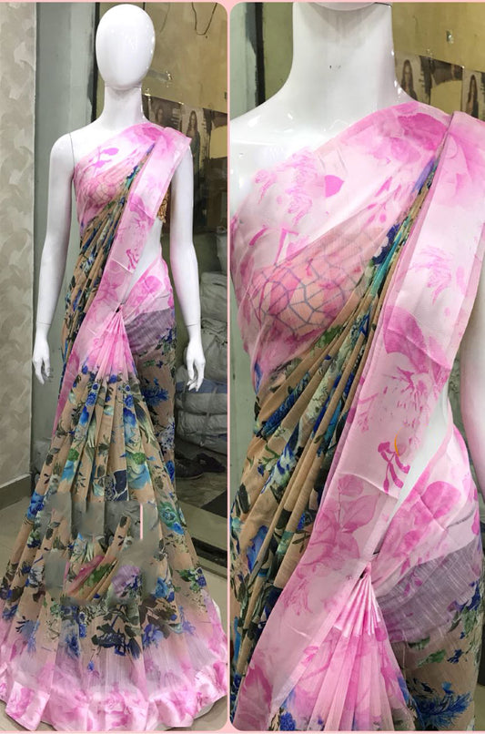 Pink Beige Pure Linen Sarees - Dailybuyys