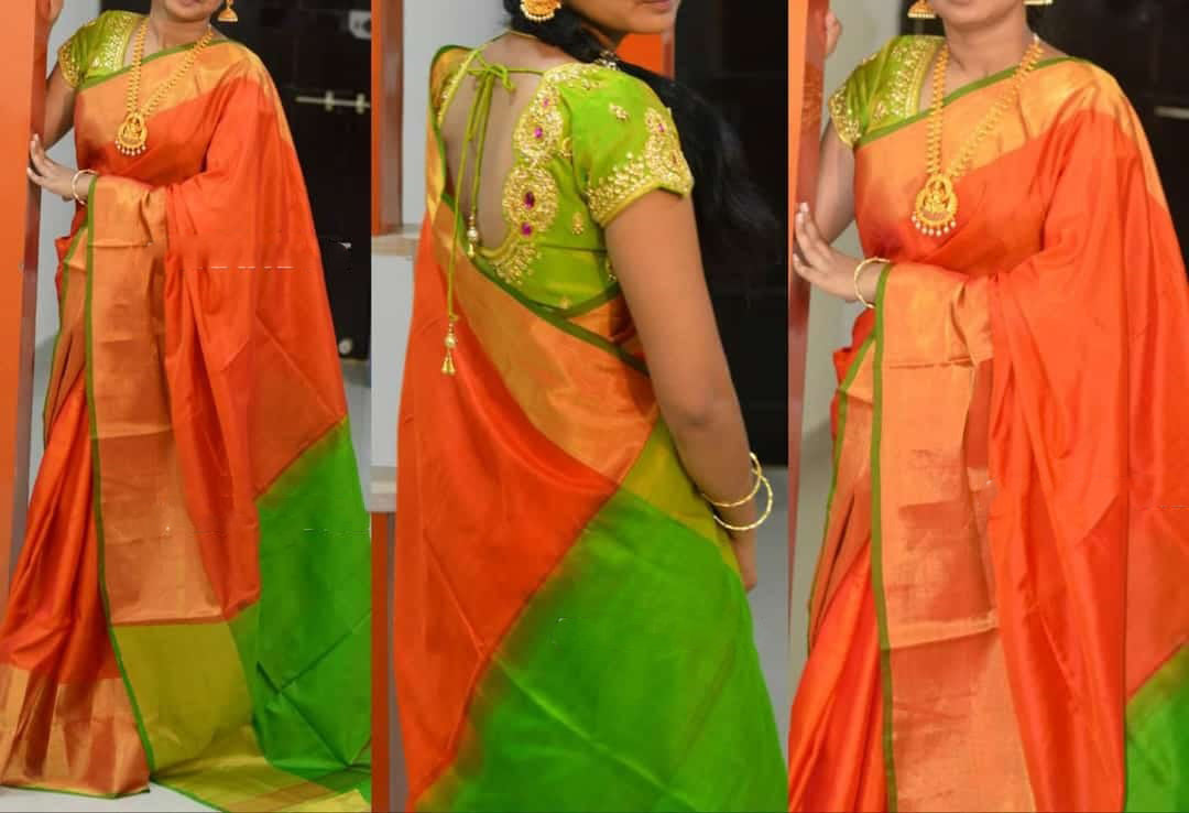 Exclusive Kanjivaram Silk Saree in Orange and Green | bengallooms