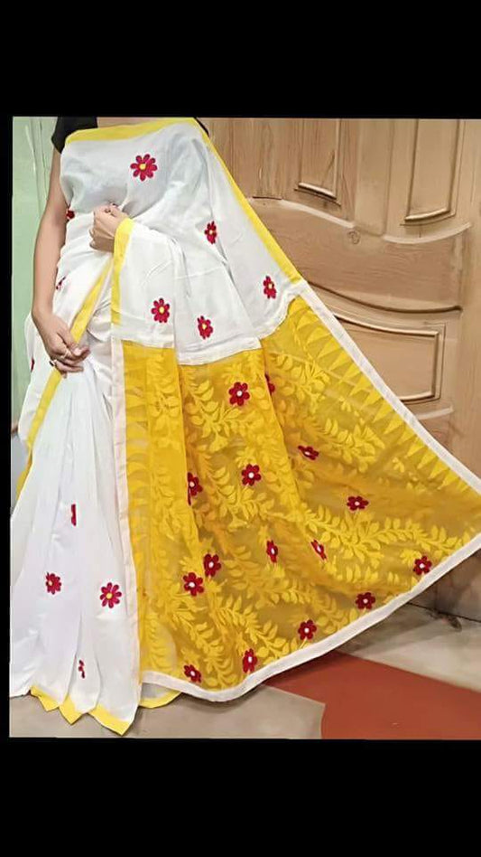White Yellow Dhakai Jamdani Sarees - Dailybuyys