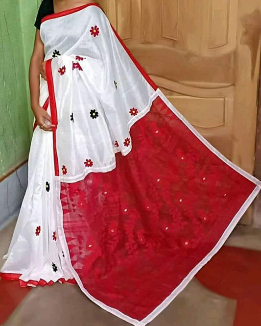 White Red Dhakai Jamdani Sarees - Dailybuyys