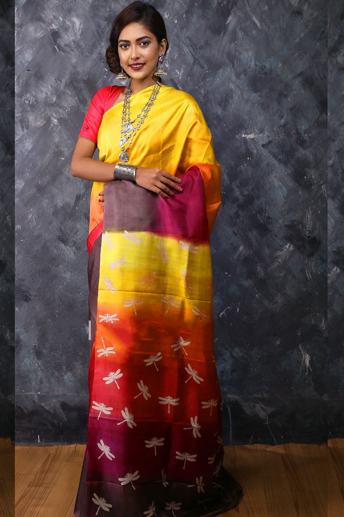 Yellow Red Glamour Pure Silk Mark Certified Murshidabad Silk Sarees