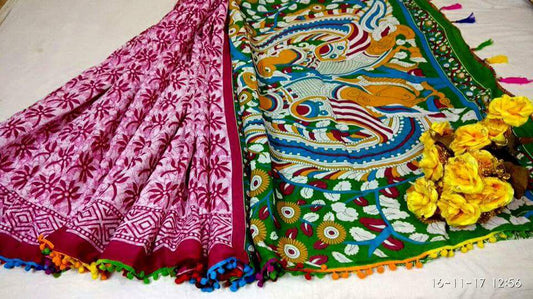 Purple Blue Bagru Printed Pure Cotton Sarees - Dailybuyys