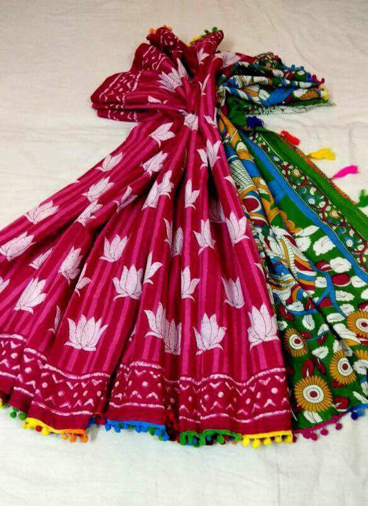 Purple Blue Bagru Printed Pure Cotton Sarees - Dailybuyys