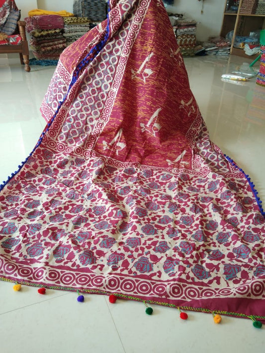 Red Bagru Printed Pure Cotton Sarees - Dailybuyys