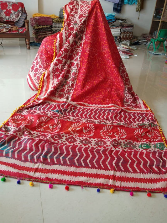 Red Bagru Printed Pure Cotton Sarees - Dailybuyys